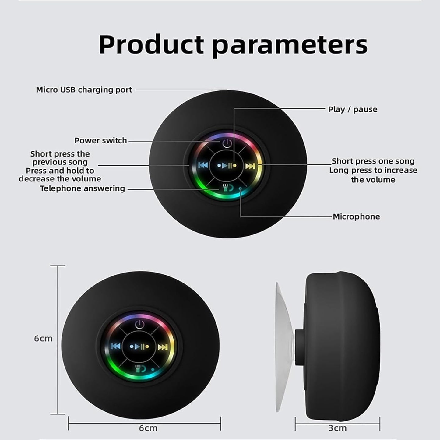 Bluetooth Shower Speaker Waterproof Suction USB Rechargeable Speakers with Led Light Portable Ipx4 Wireless LED Pocket Gadget